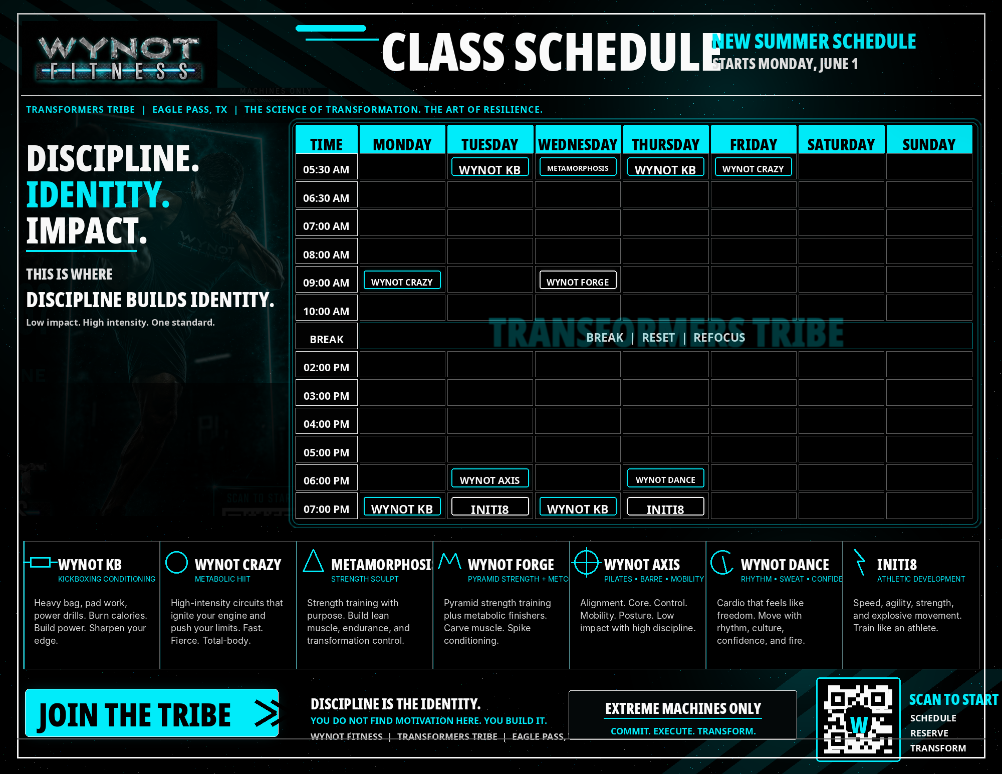 WYNOT Fitness Summer 2026 weekly class schedule for Eagle Pass Texas showing WYNOT KB, WYNOT Crazy, Metamorphosis, WYNOT Forge, WYNOT Axis, WYNOT Dance, and INITI8 class times.